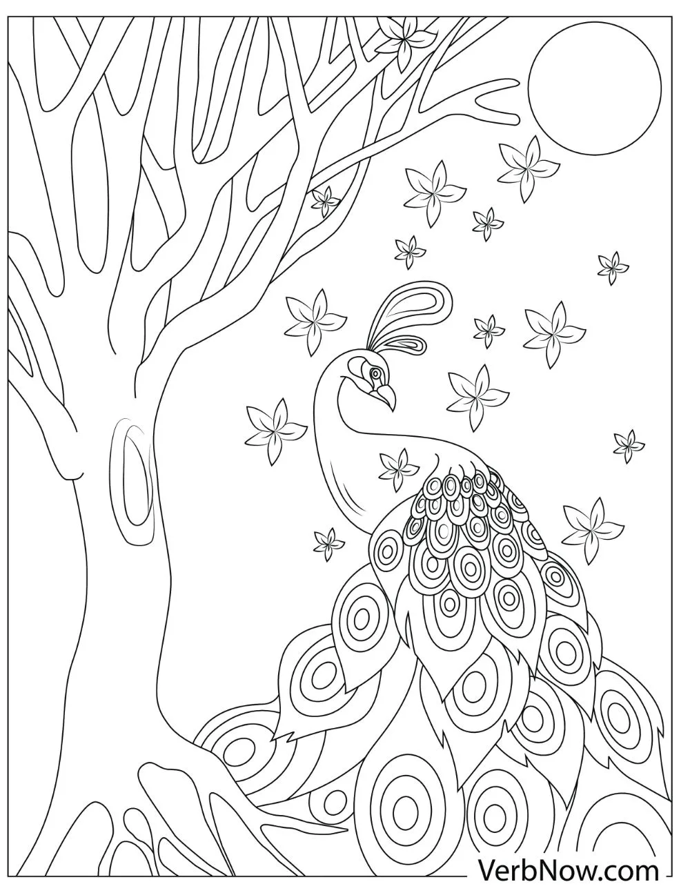 An illustration of a peacock with a long tail elegantly standing beside a tree.