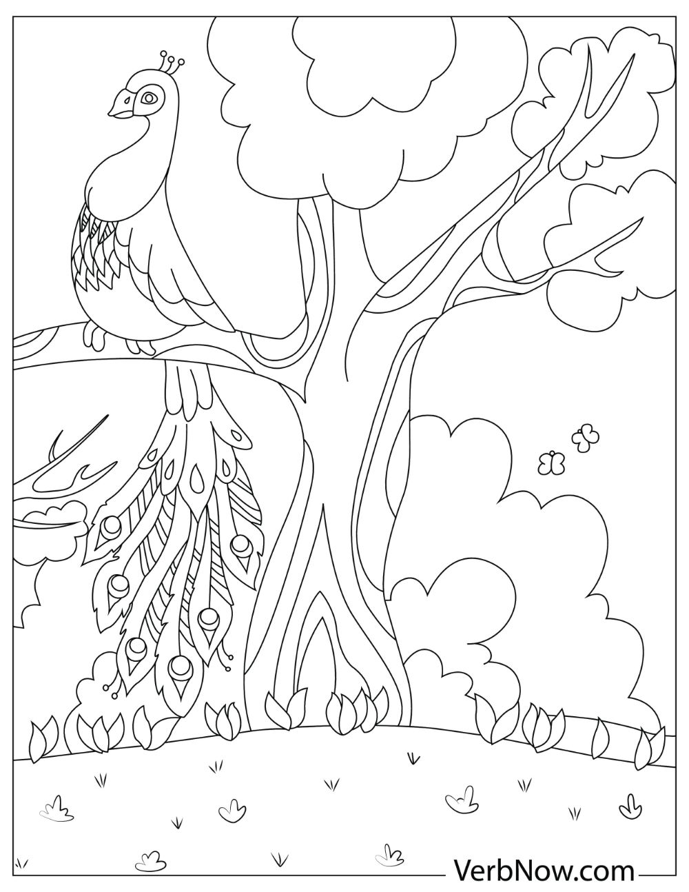 A peacock with a long and beautiful tail sitting on a branch of a large tree.