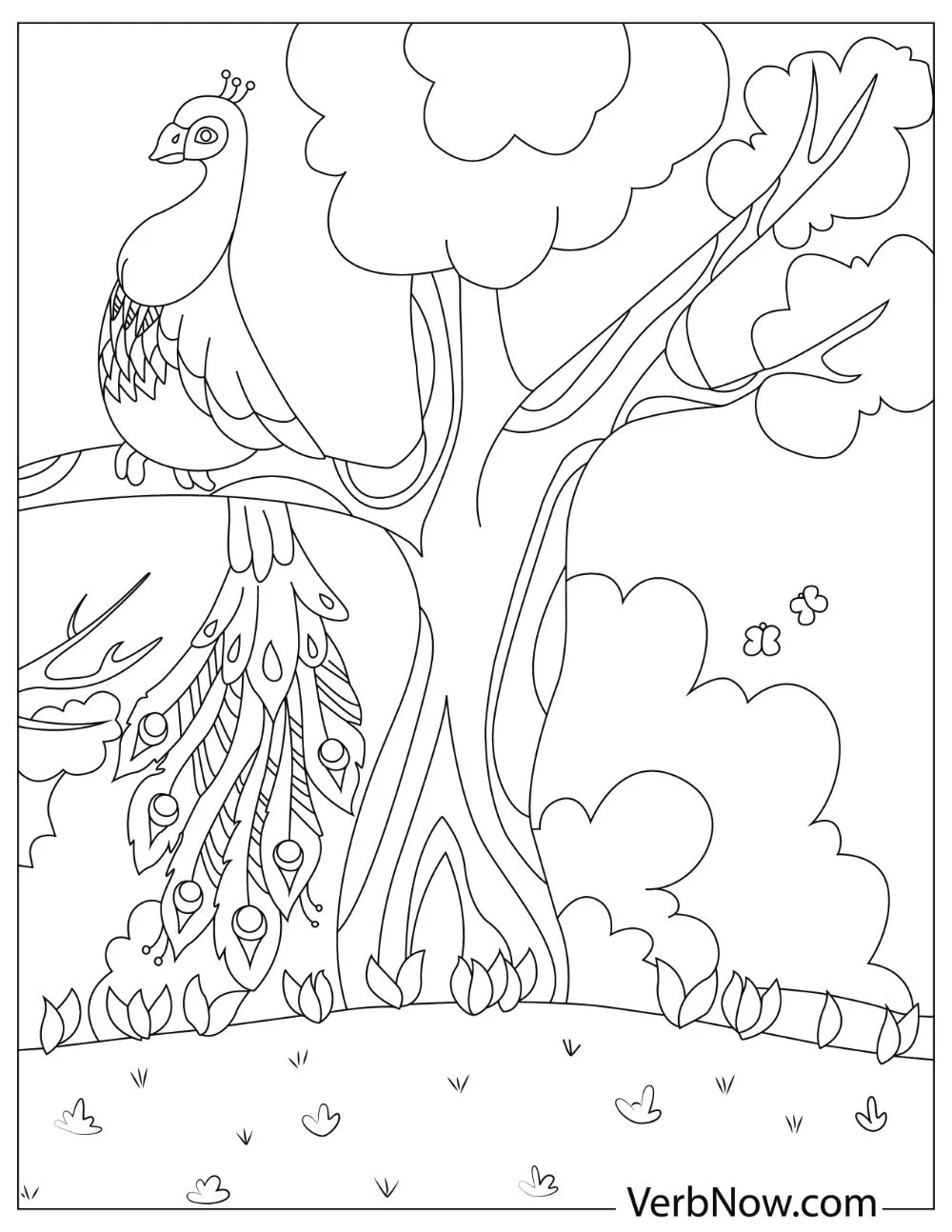 A peacock with a long and beautiful tail sitting on a branch of a large tree.