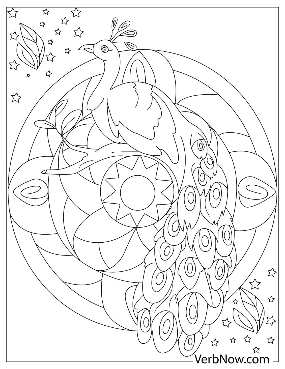 An illustration of a lovely peacock sitting on a branch with a mosaic circle in the background.