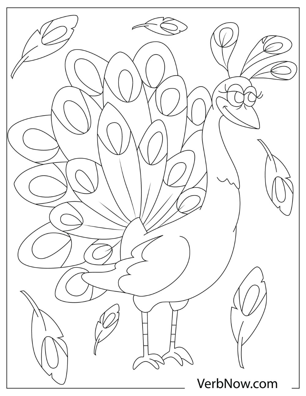 An illustration of a smiling peacock with large feathers floating in the background. 