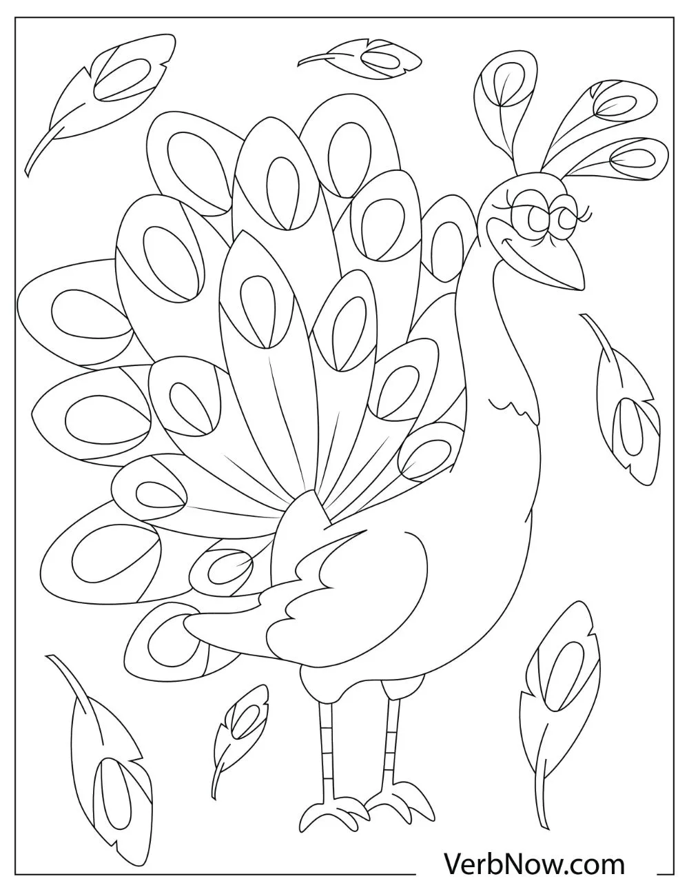 An illustration of a smiling peacock with large feathers floating in the background. 