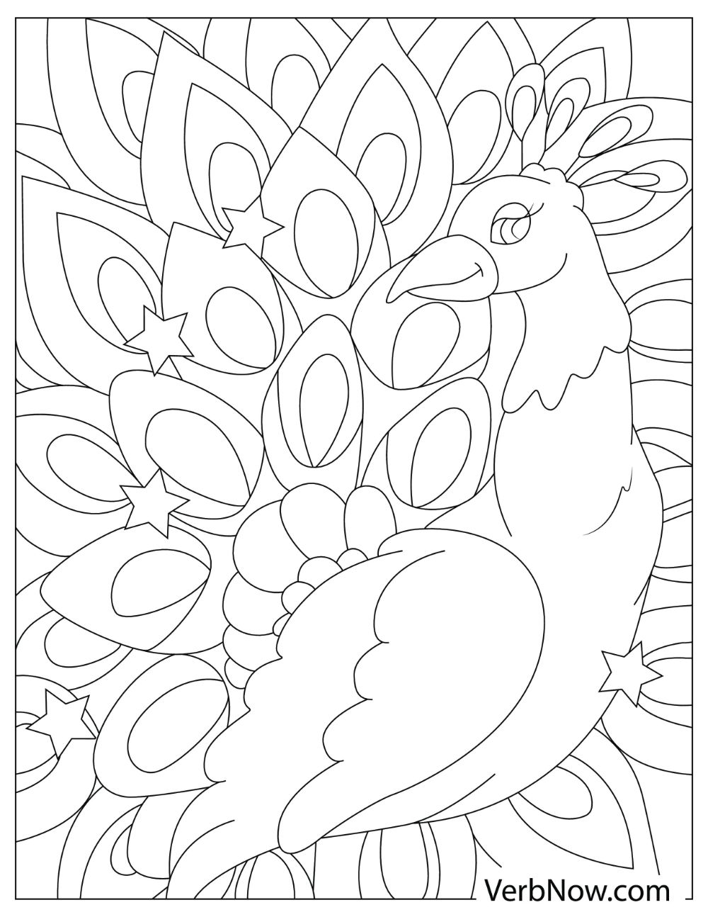 An illustration of a peacock smiling and flaunting its beautiful and large feathers.