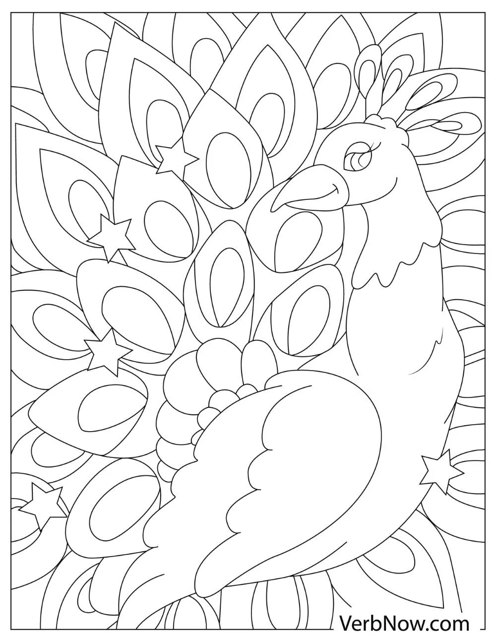 An illustration of a peacock smiling and flaunting its beautiful and large feathers.