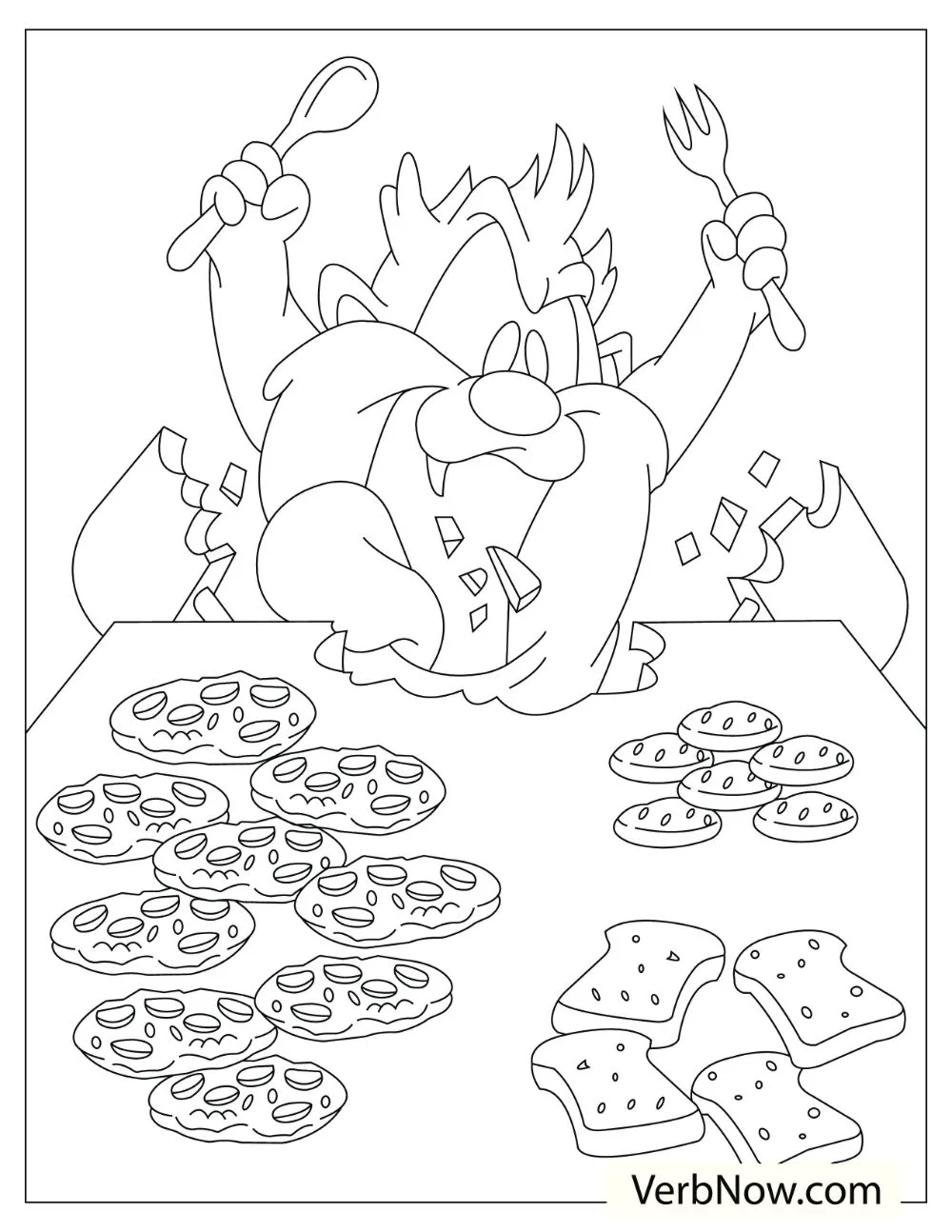 22 Free Pizza Coloring Pages for Kids (Printable PDF) Tasmanian Devil eating different food including the table.