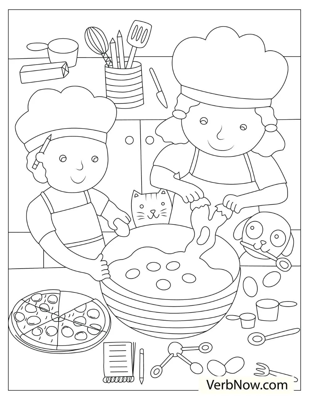 22 Free Pizza Coloring Pages for Kids (Printable PDF) Mother and child breaking eggs in a bowl with a dog and cat on the side.
