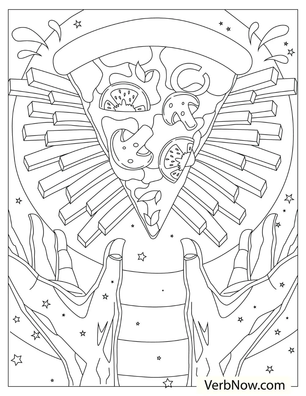 22 Free Pizza Coloring Pages for Kids (Printable PDF) A glowing pizza slice surrounded by fries with two hands waiting for it.