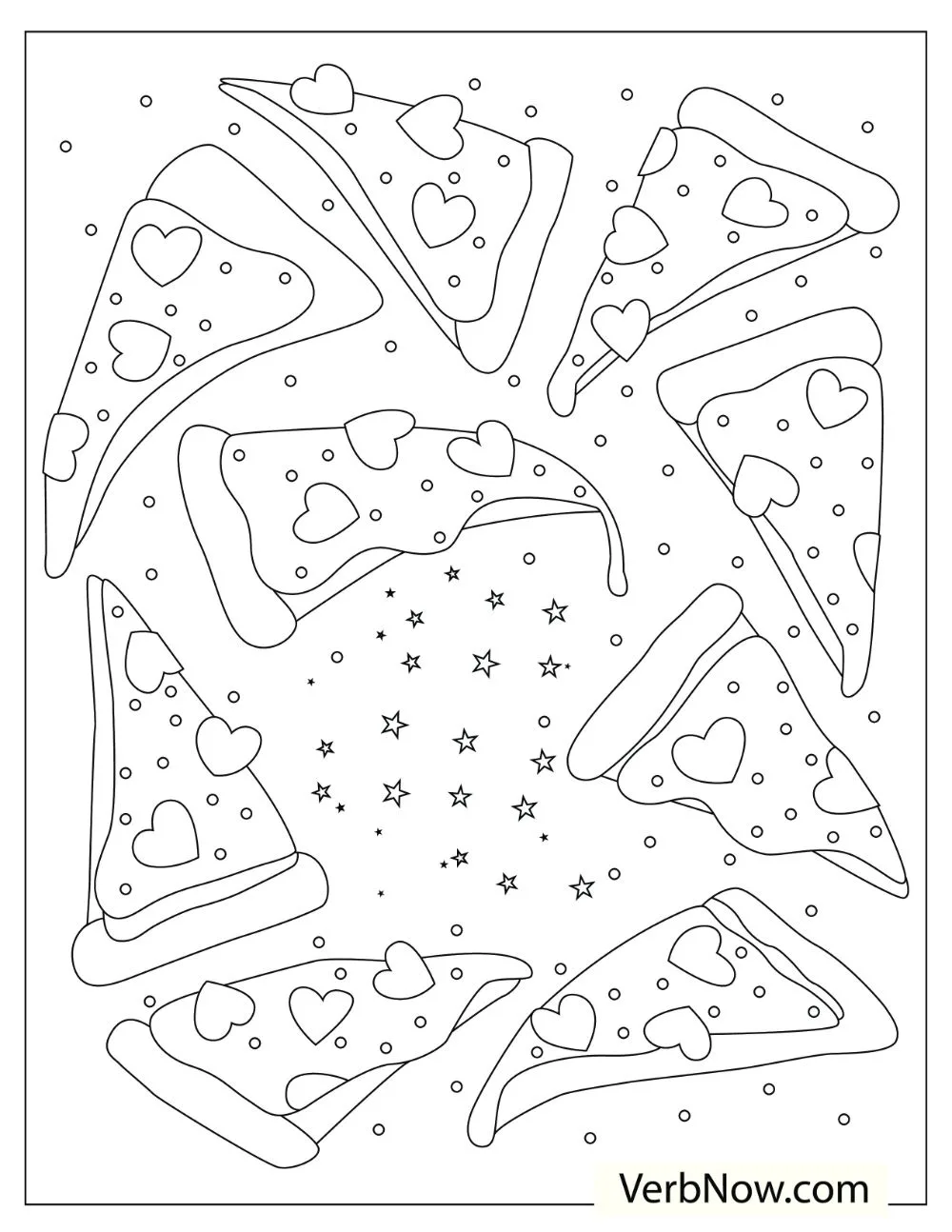 22 Free Pizza Coloring Pages for Kids (Printable PDF) Illustration of multiple pizza slices with heart-shaped toppings.