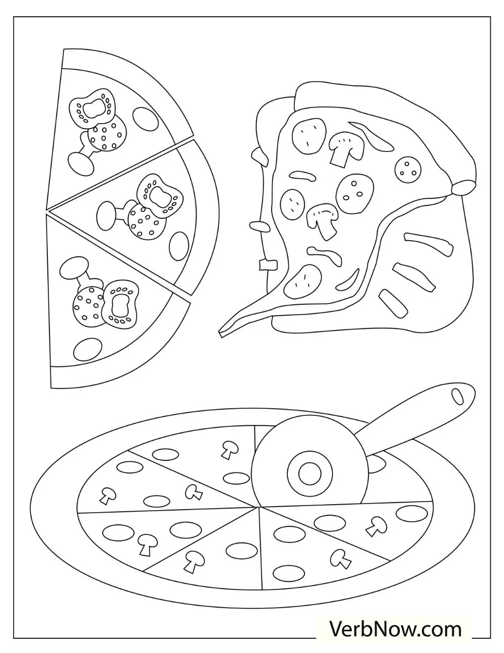 22 Free Pizza Coloring Pages for Kids (Printable PDF) Illustration of different pizza states; a full round pizza, three slices, and a large single slice pizza.