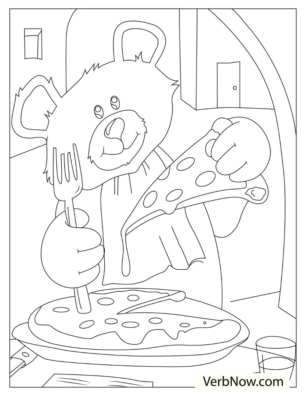 22 Free Pizza Coloring Pages for Kids (Printable PDF) Large bear holding a pizza pie and getting ready to eat.