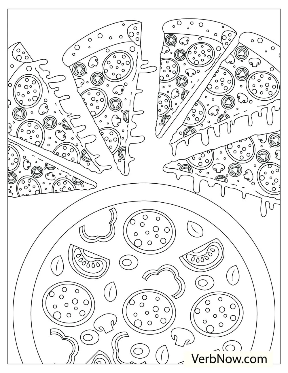 22 Free Pizza Coloring Pages for Kids (Printable PDF) Illustration of multiple pizza slices and a large round pizza.