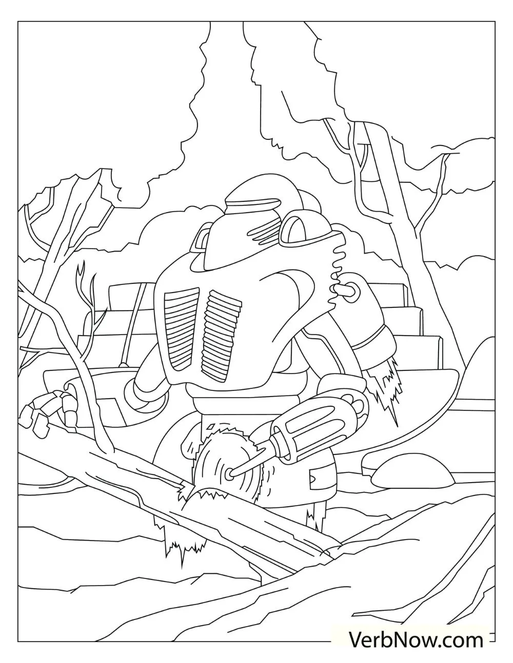Large robot cutting trees in the forest.