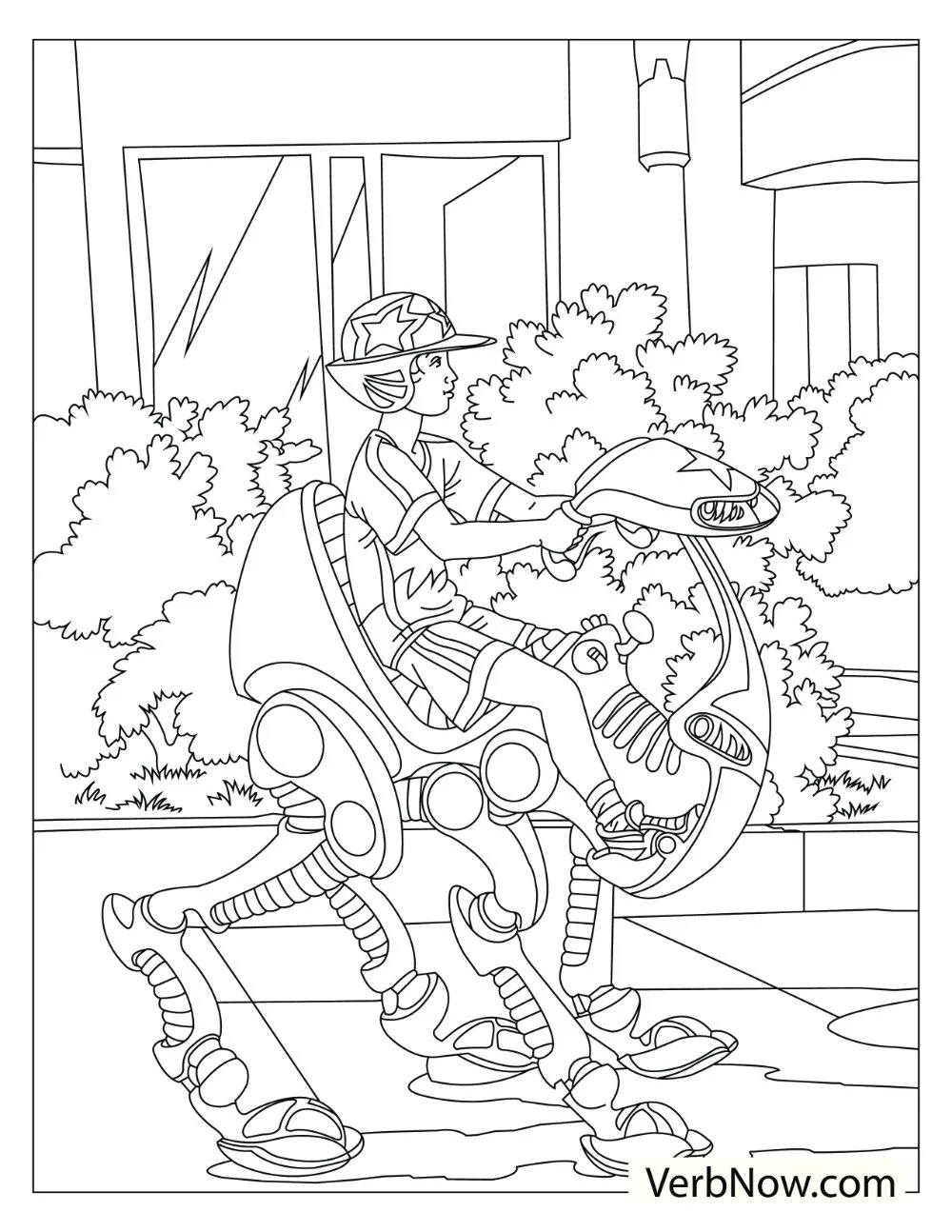 Illustration of a boy riding a dinosaur-like robot.