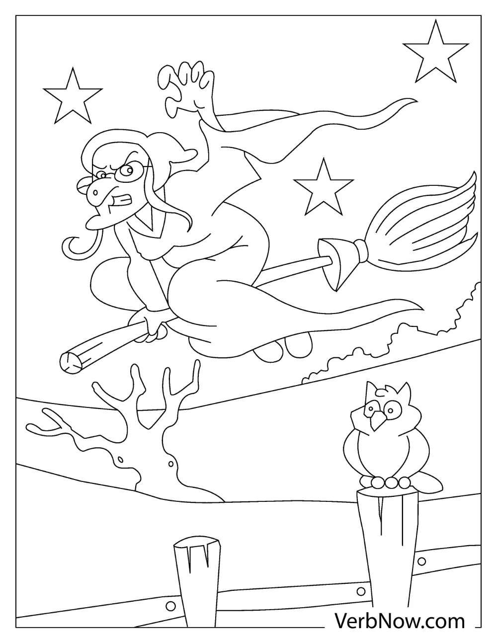 An illustration of an old witch flying on her broom with an angry expression.