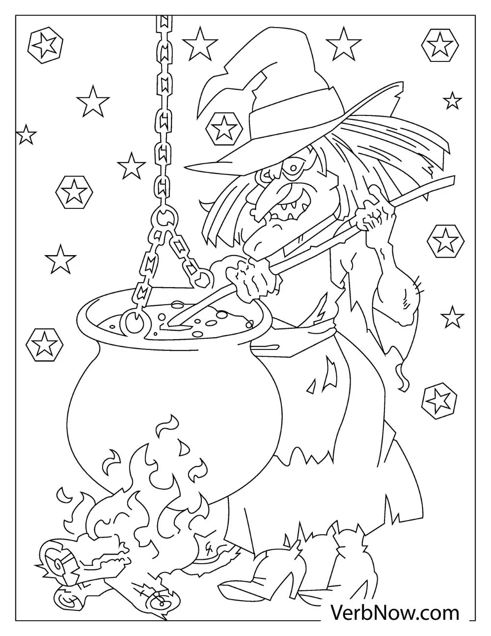 An old evil witch mixing potions in a big cauldron with stars in the background.
