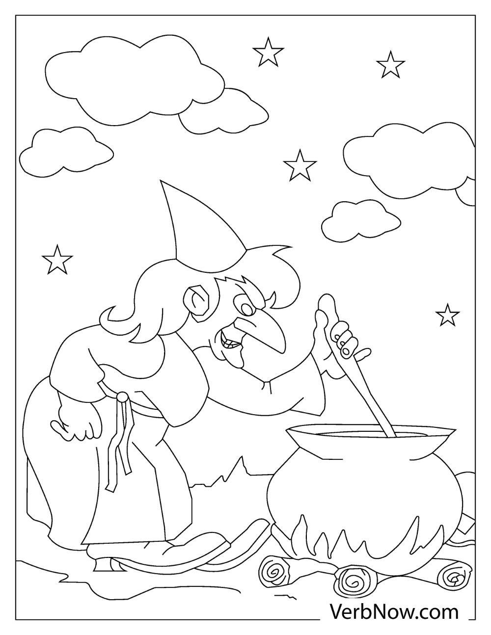 An angry looking witch with a huge nose mixing and cooking potions in a huge pot.