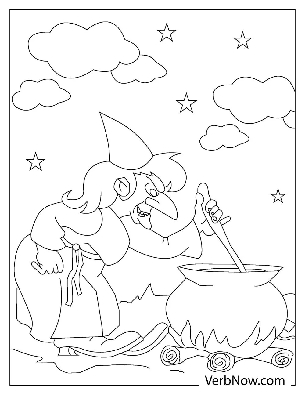 An angry looking witch with a huge nose mixing and cooking potions in a huge pot.