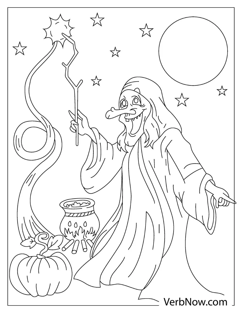 An illustration of an old witch doing magic under the bright full moon.