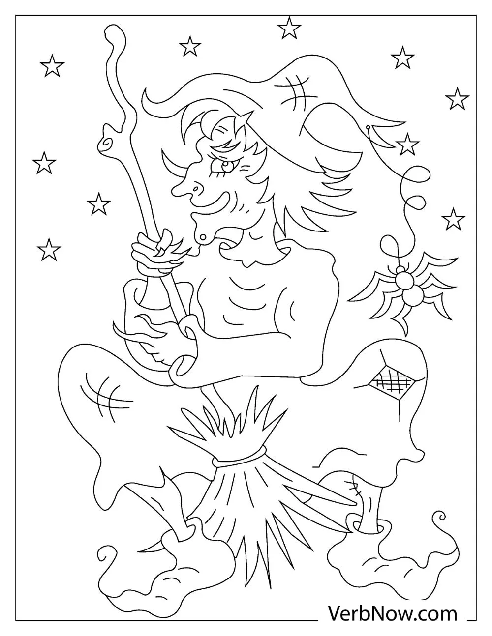An illustration of a wrinkly old witch riding her broom with a spider.