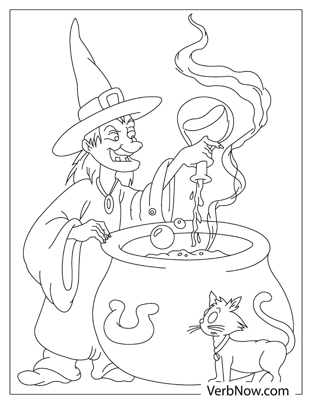 An illustration of an old witch dropping ingredients on her big pot.