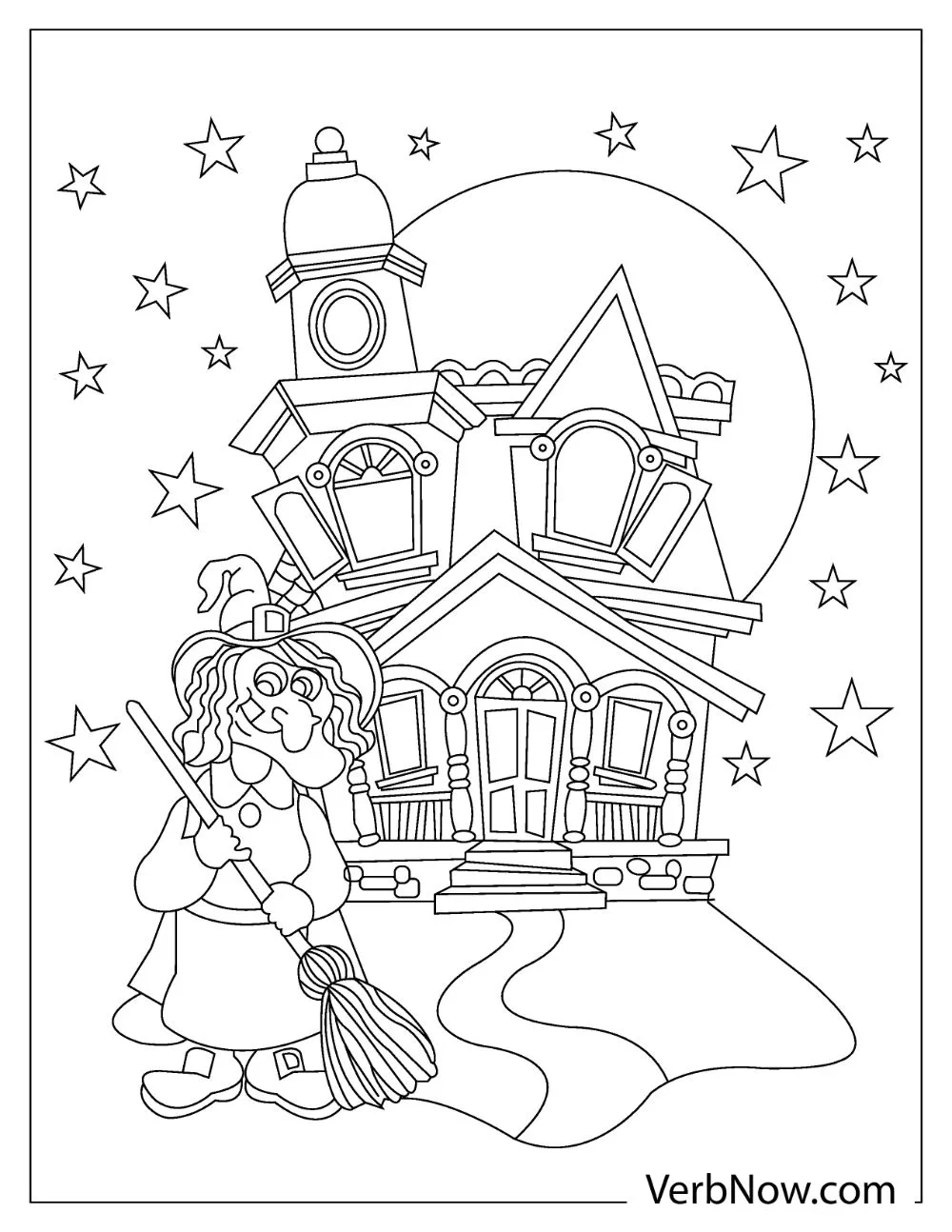 An illustration of an witch holding her broom in front of her house with a big full moon in the background. 