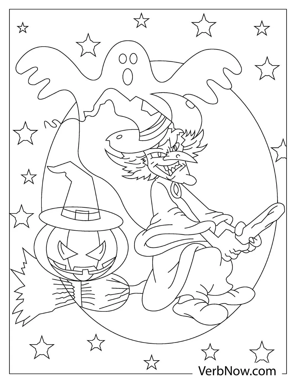 A spooky witch flying with her broom across the sky with a pumpkin and a ghost.