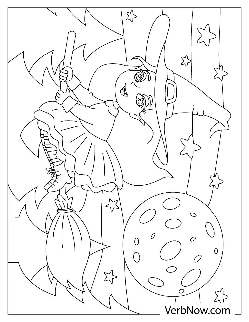 An illustration of a young witch riding her flying broom over the moon.