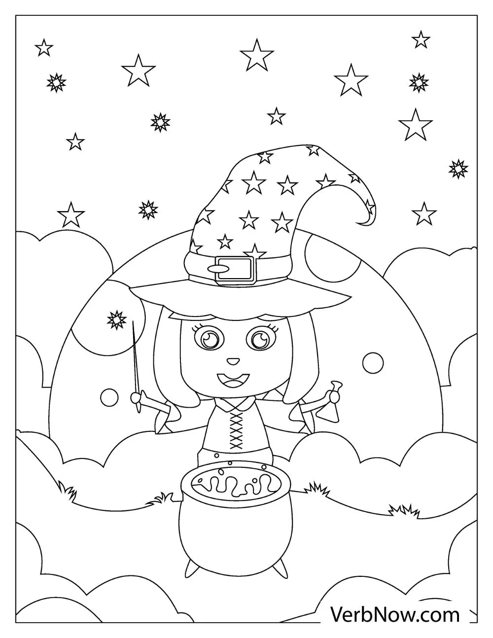 A cute witch holding a wand and a flask in front of a cauldron.