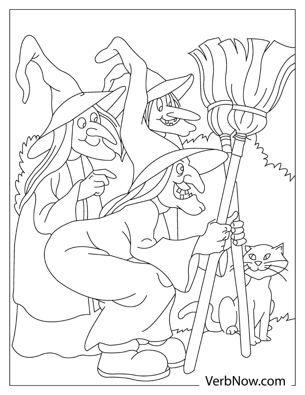 Three witches with long noses smiling while looking at something.