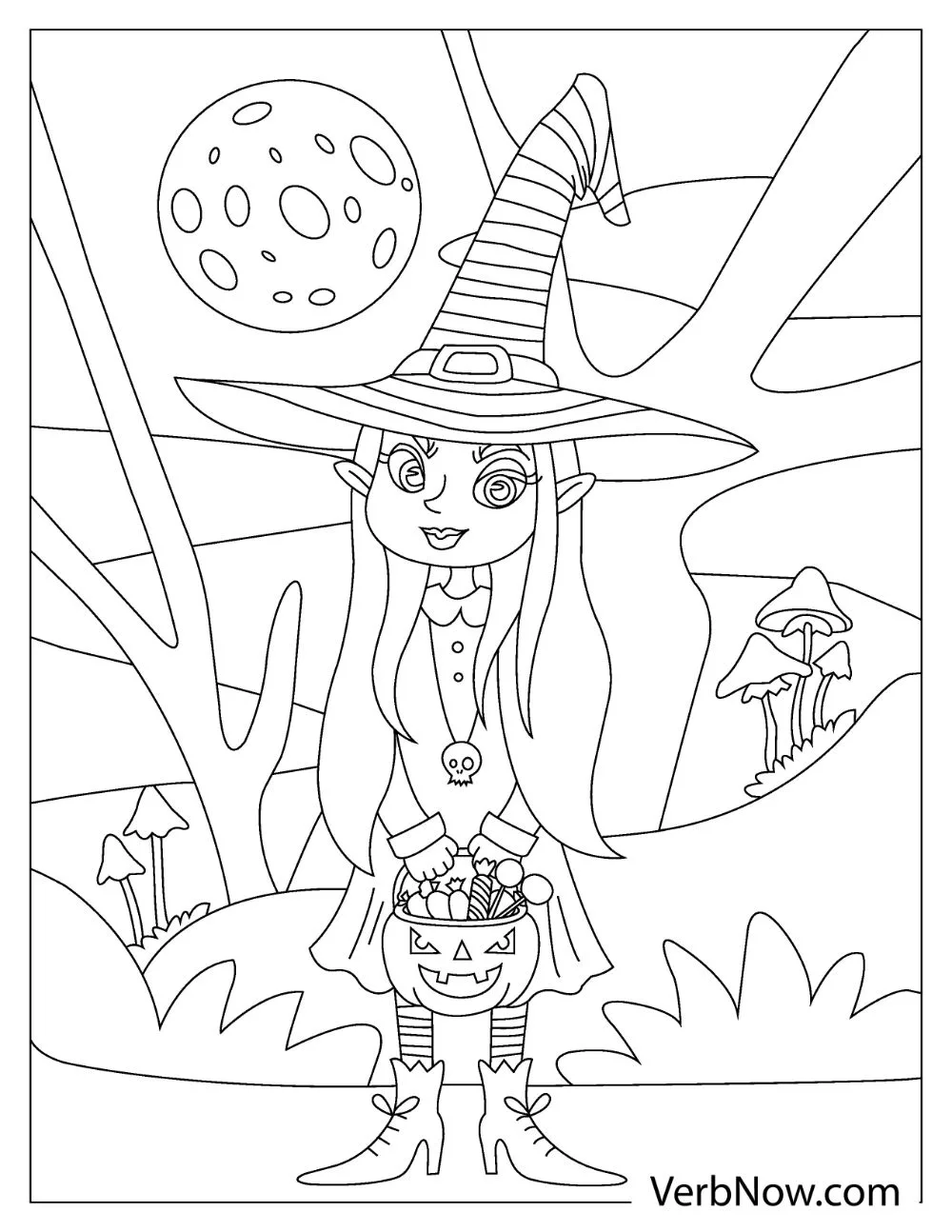 A young witch wearing a huge hat holding a trick or treat basket under the full moon.