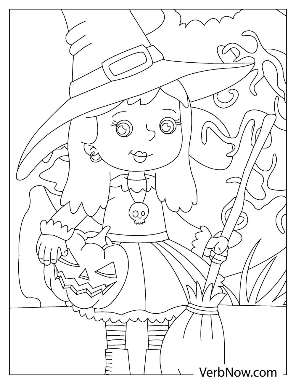 A witch holding a pumpkin for halloween and a broom.