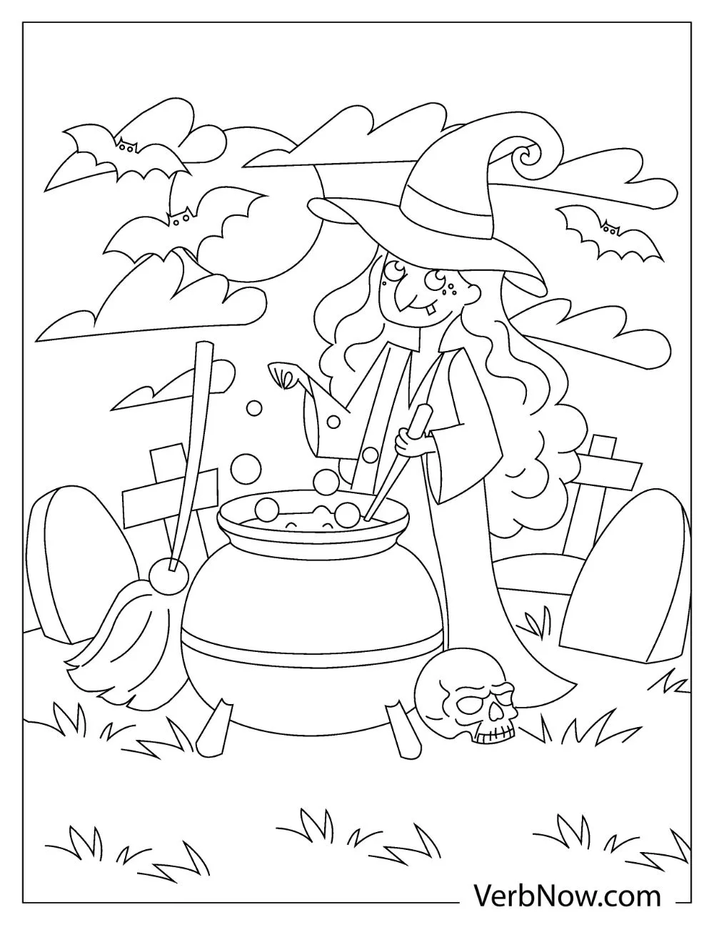 A witch with long curly hair mixing potions in her cauldron with bats and graves in the background.