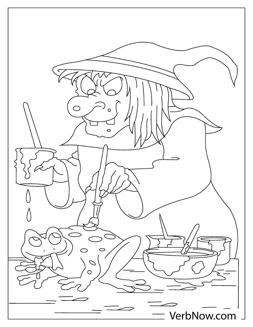 An old witch with a large nose and teeth painting a frog.