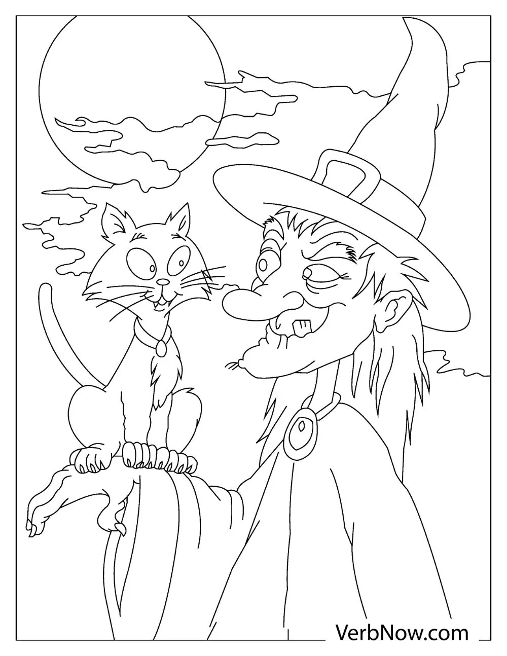 An illustration of an old witch looking at her cat familiar on her hand under the full moon.