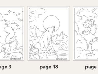 Five of the 22 printable werewolf coloring pages: page 7 a smiling boy turning into a werewolf, page 3 a werewolf howling in a graveyard, page 18 a wolf howling at the full moon, page 22 a cartoon werewolf walking in the forest, page 9 a werewolf on a mandala background