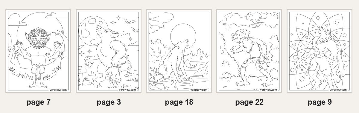22 Free Werewolf Coloring Pages (Full Moon, Cute & Mandala, PDF) Five of the 22 printable werewolf coloring pages: page 7 a smiling boy turning into a werewolf, page 3 a werewolf howling in a graveyard, page 18 a wolf howling at the full moon, page 22 a cartoon werewolf walking in the forest, page 9 a werewolf on a mandala background