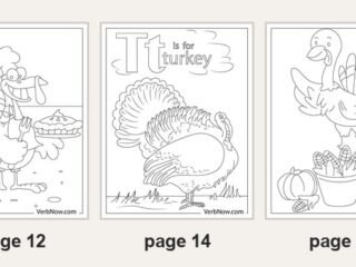 Five of the 22 printable turkey coloring pages: page 6 a turkey in a pilgrim hat under the word Turkey, page 12 a chef turkey holding a pie, page 14 T is for turkey, page 11 a turkey standing on a basket of corn beside pumpkins, page 19 a realistic turkey with a fanned tail