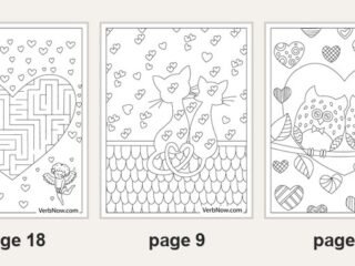 Five of the 21 printable Valentine's Day coloring pages: page 8 a teddy bear holding a Happy Valentine's Day sign, page 18 a heart-shaped maze with cupids, page 9 two cats on a rooftop, page 6 two owls inside a heart, page 14 fifteen patterned hearts