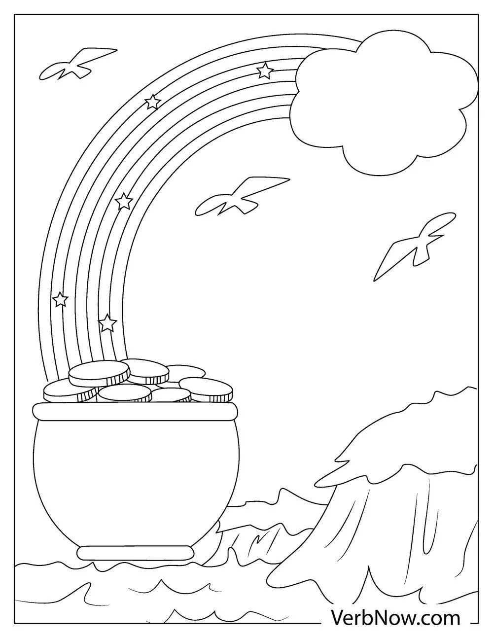 Coloring page with gold coins and rainbow