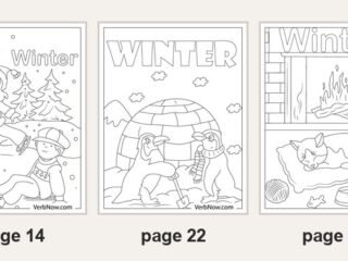Five of the 22 printable winter coloring pages: page 7 a snow globe with houses, page 14 two kids ice skating, page 22 two penguins building an igloo, page 20 a cat asleep by the fireplace, page 6 the word Winter built from snowy letters