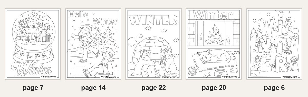 22 Free Winter Coloring Pages (Snow Globes, Penguins & Skating, PDF) Five of the 22 printable winter coloring pages: page 7 a snow globe with houses, page 14 two kids ice skating, page 22 two penguins building an igloo, page 20 a cat asleep by the fireplace, page 6 the word Winter built from snowy letters