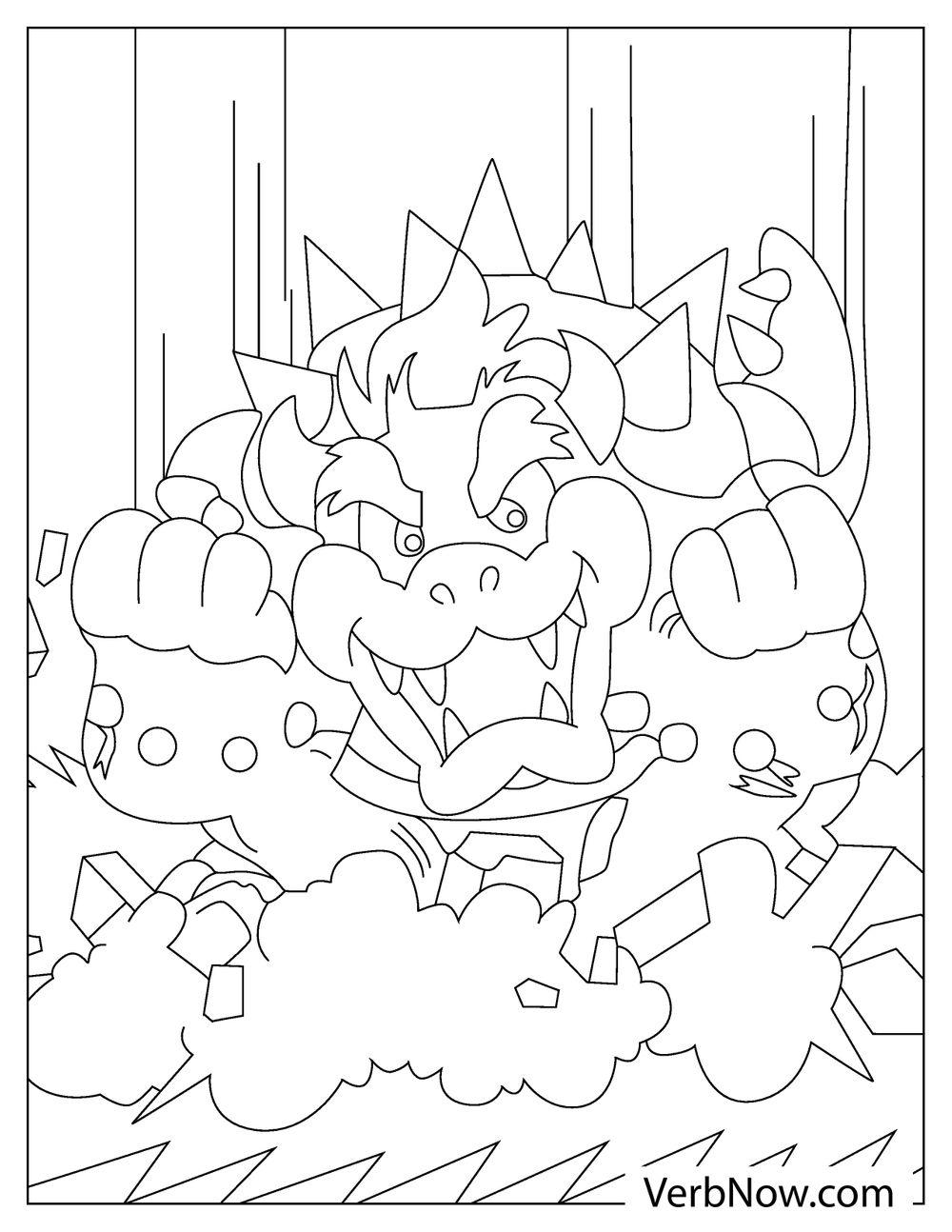 Furious Bowser smashing through rocks coloring page
