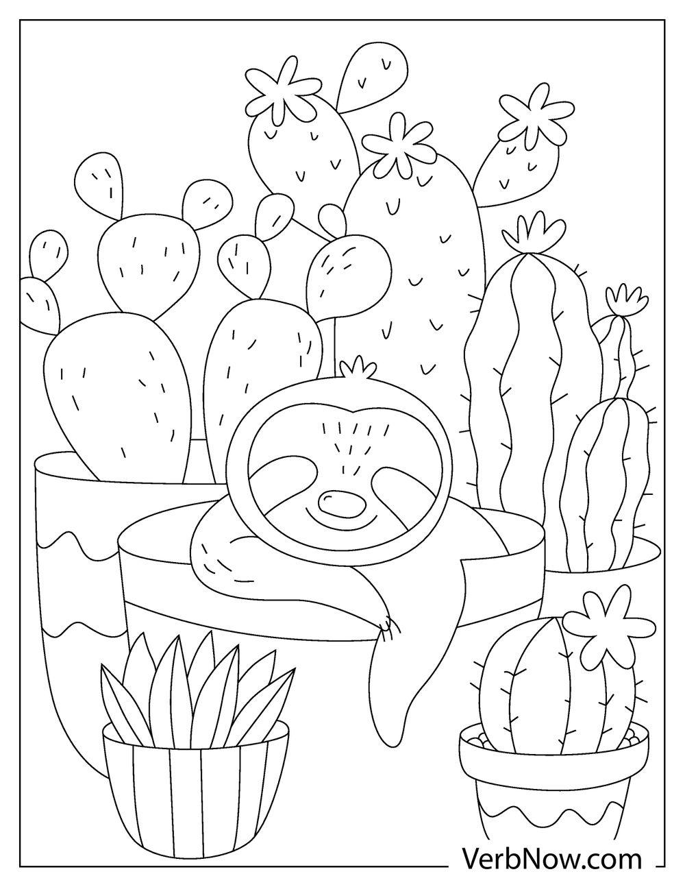 A sloth and flowering cacti coloring page