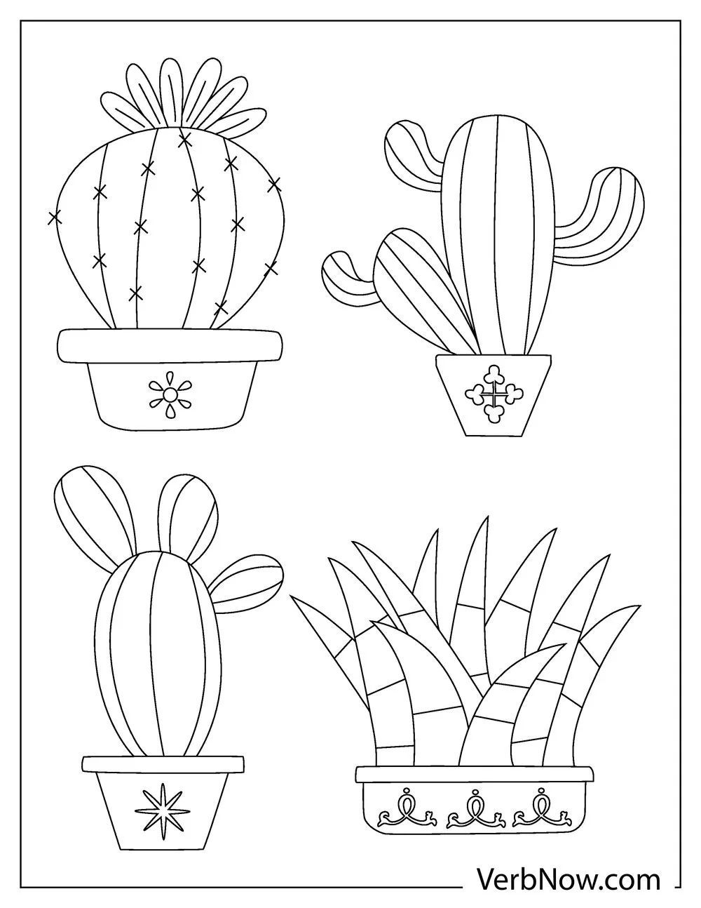 Four cute cactus plants coloring page