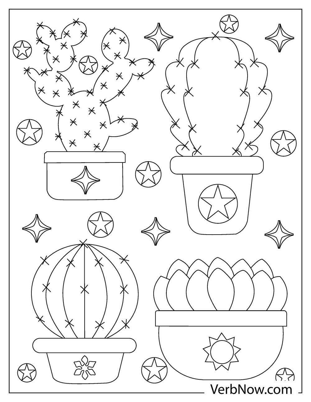 Various potted cacti coloring page