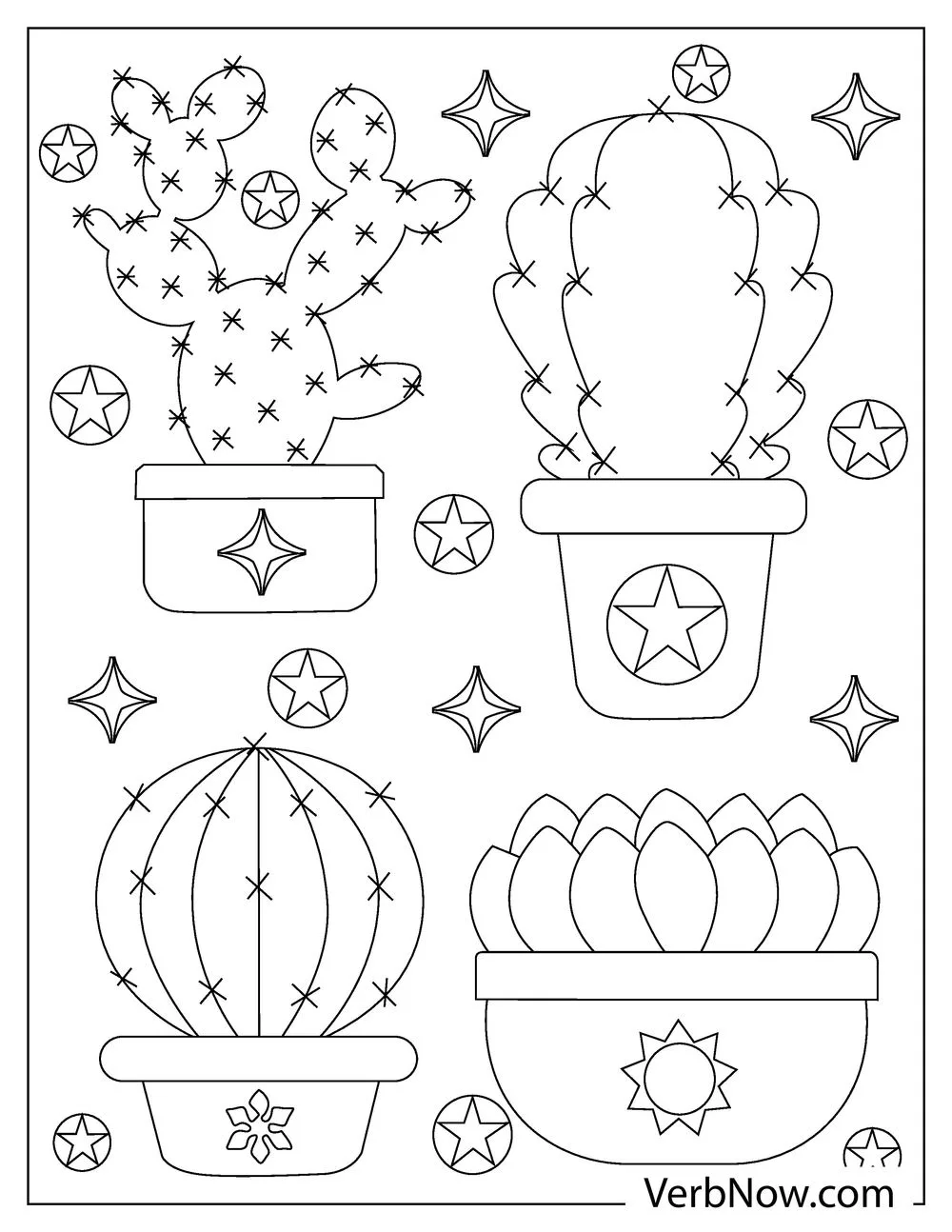 Various potted cacti coloring page