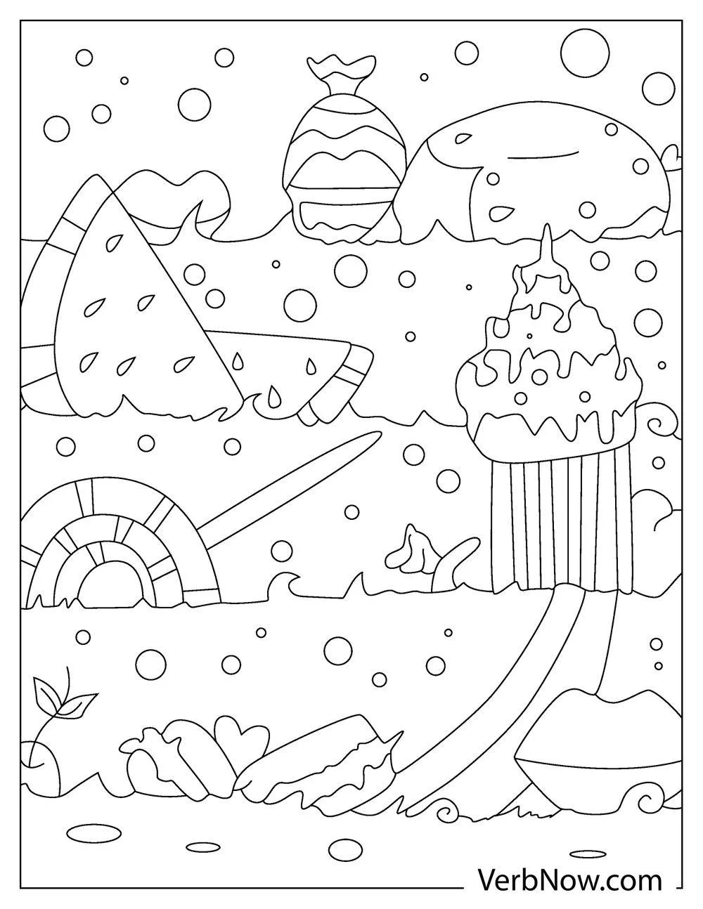 Candy mountain landscape with cupcake river