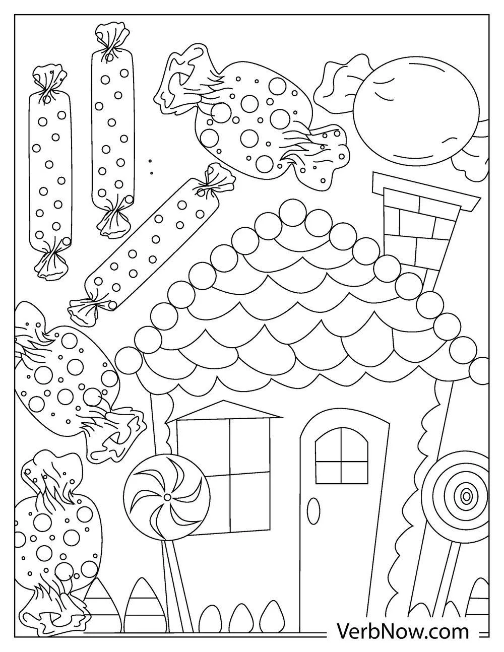 Candy house with wrapped candies and lollipops coloring page
