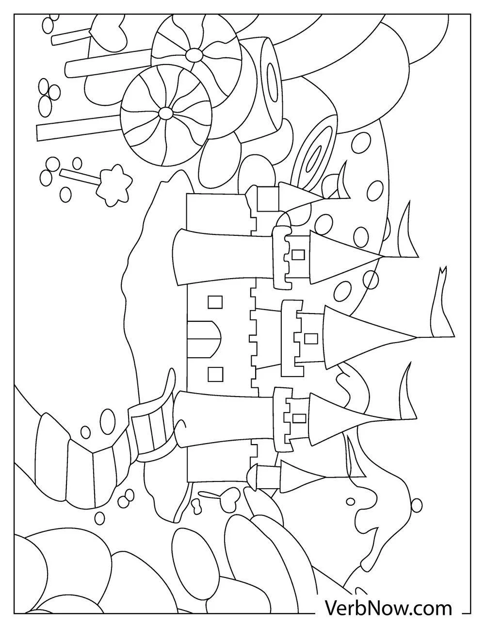 Candy castle with giant sweets and lollipops coloring page