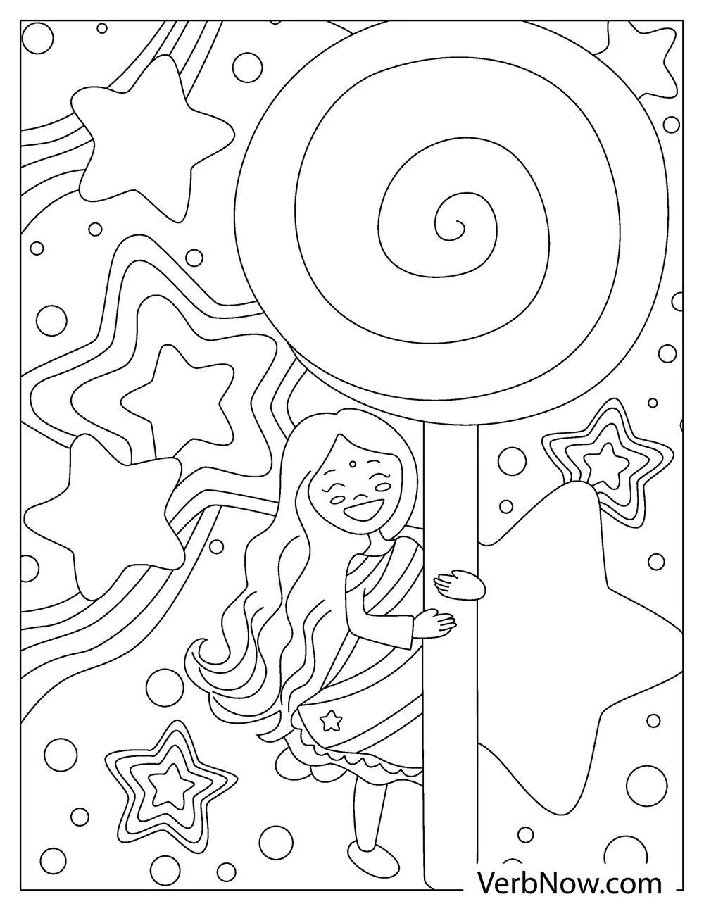 Candyland girl hugging giant lollipop coloring page